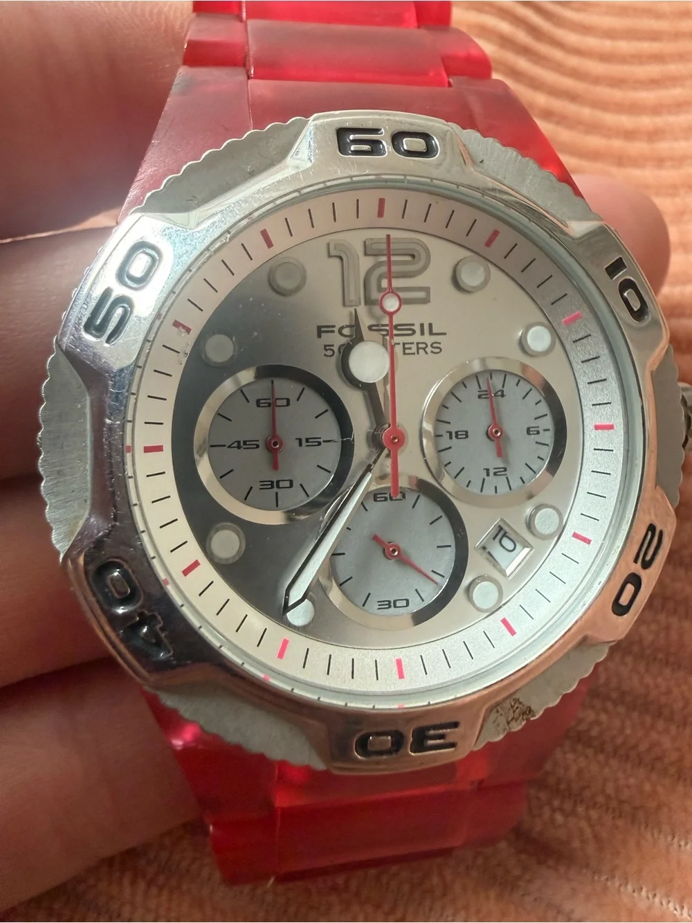 Pink Transparent Fossil Silver Dial Chronograph Watch